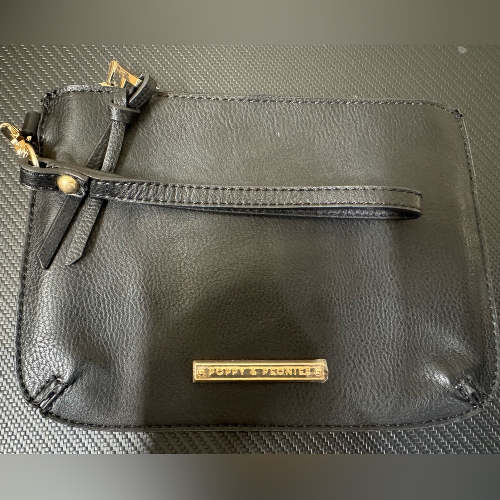 Poppy & Peonies Black Leather Wristlet with Gold Detail
